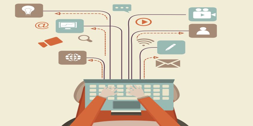 Communication and networking concept with illustration of human hand working on laptop and different social media symbols.