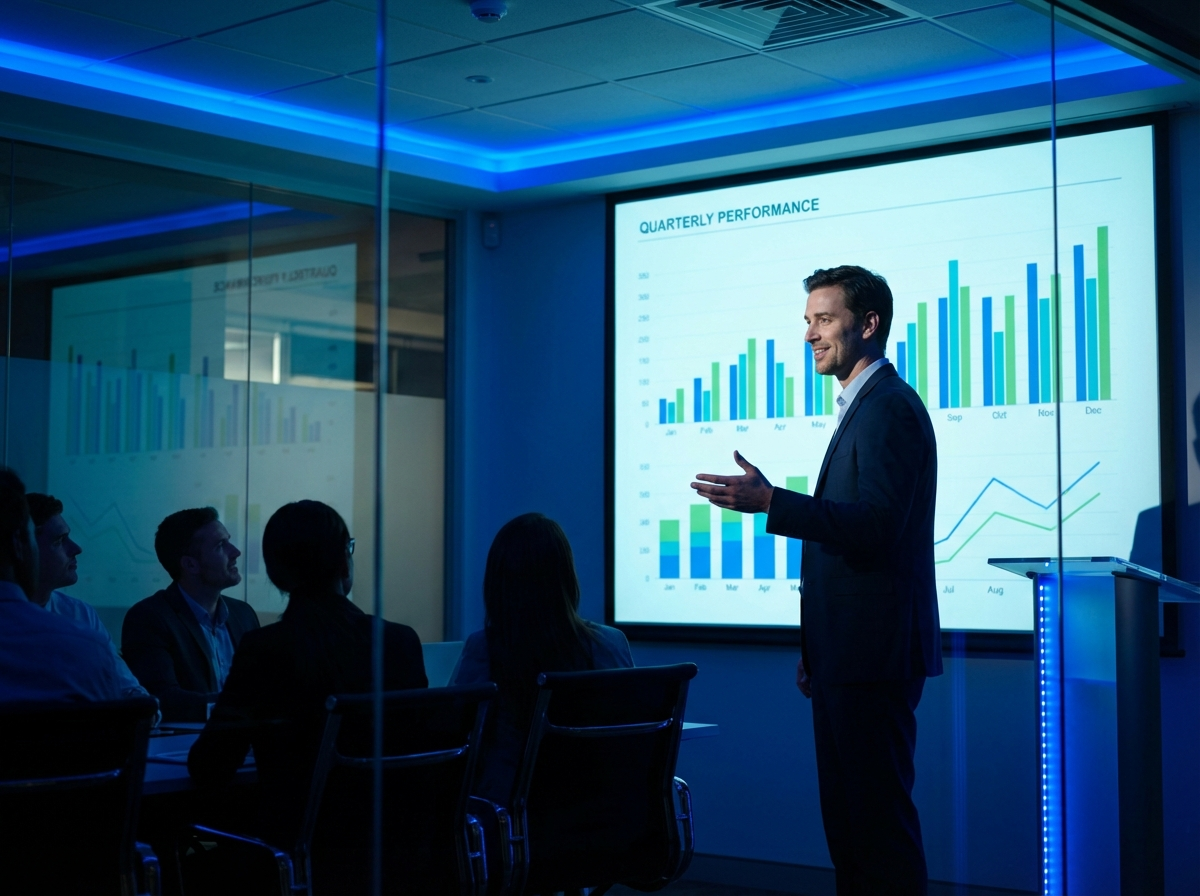 Claude Excel PowerPoint Integration: So revolutionieren KI-Tools Ihre Büroprozesse 2 Selbstbewusster Geschäftsmann bei Präsentation von Claude Excel PowerPoint Integration