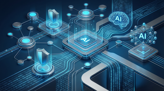 Abstrakte Visualisierung von KI-Netzwerken und Cybersicherheit