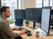 Web Entwickler am Arbeitsplatz mit mehreren Monitoren