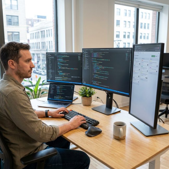 Web Entwickler am Arbeitsplatz mit mehreren Monitoren
