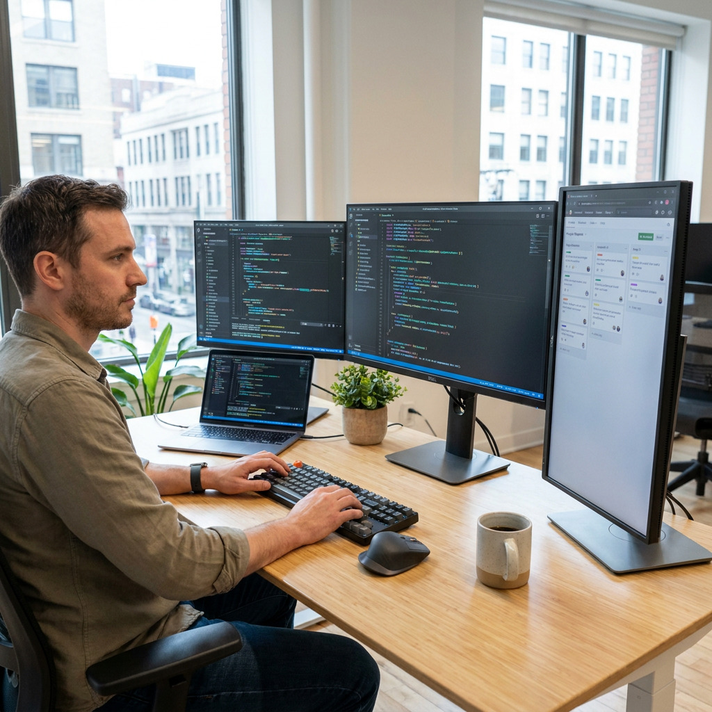 Web Entwickler am Arbeitsplatz mit mehreren Monitoren