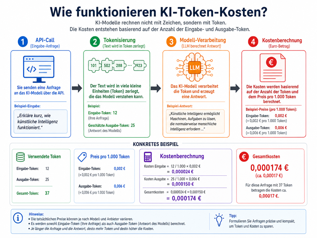 KI-Flatrate adé: Was die neue Token-Ökonomie für Ihr Budget bedeutet 1 Infografik: So entstehen KI-Kosten - Von der Anfrage zum Token-Verbrauch