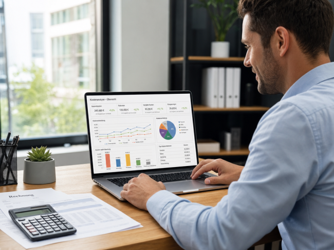 Geschäftsmann analysiert KI-Kosten auf Dashboard im Büro. KI-Flatrate