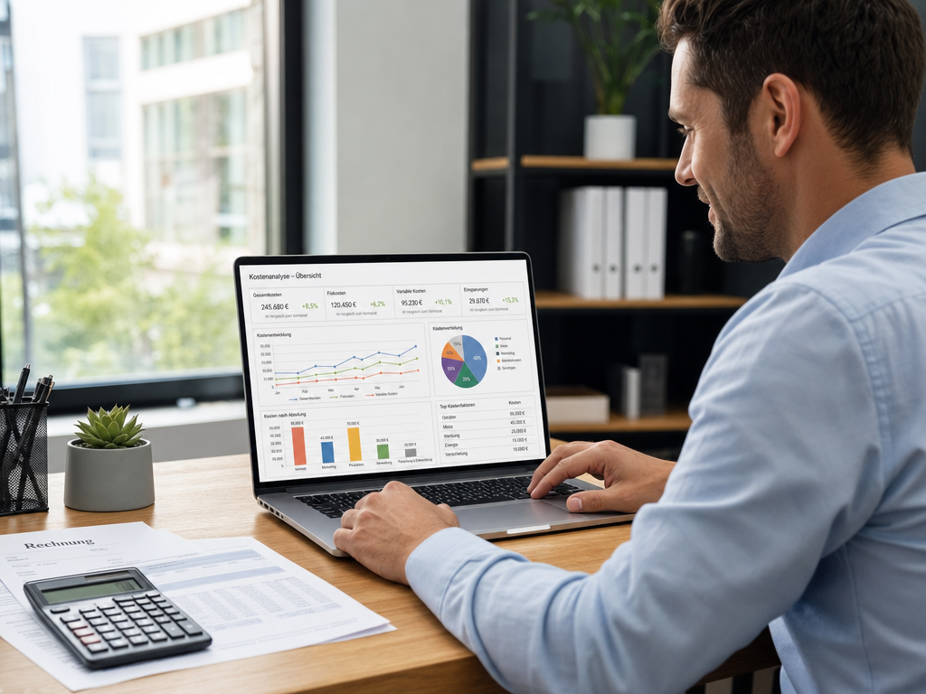 ki-kosten-analyse-buero Geschäftsmann analysiert KI-Kosten auf Dashboard im Büro. KI-Flatrate