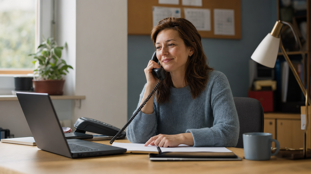 Hallo Lisa – vorqualifizierter Anruf im Büro Frau am Schreibtisch nimmt entspannt einen Telefonanruf entgegen, den die KI-Telefonie Hallo Lisa vorher qualifiziert hat
