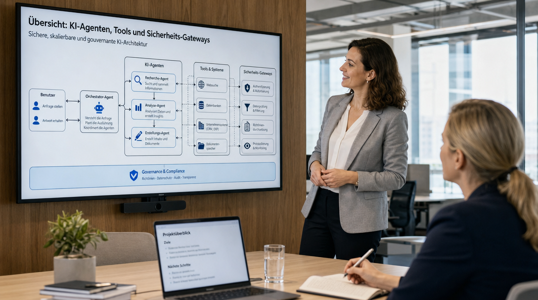 IT-Beraterin analysiert KI-Agenten-Architektur und Sicherheitsrisiken im Unternehmen