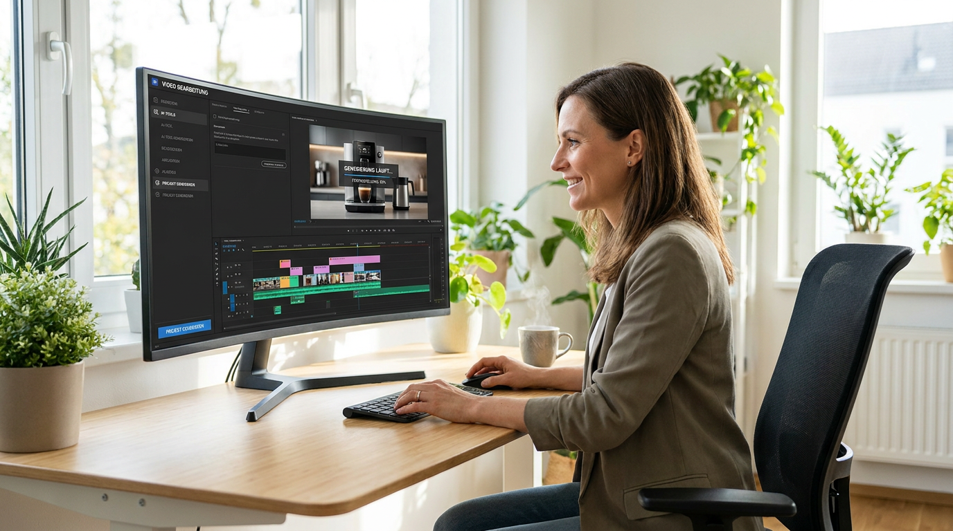 Frau erstellt professionelles Marketing-Video mit KI-Video-Tools am Computer