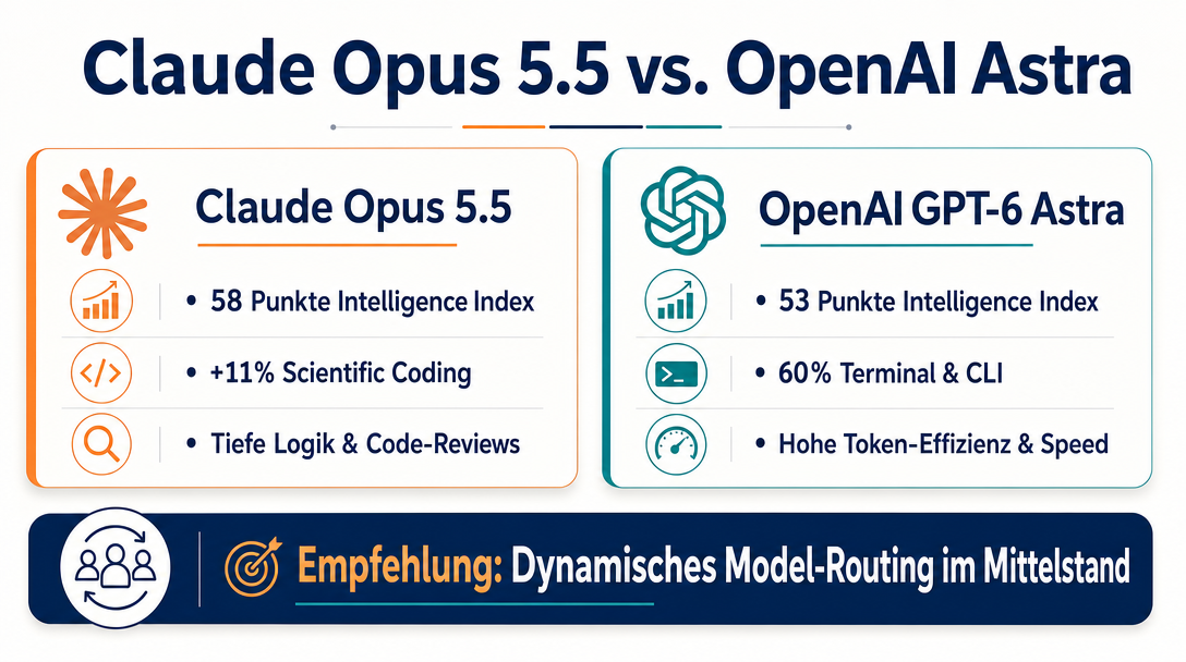 Claude Opus 5.5 Benchmark: Neues Spitzenmodell im Praxistest & Kosten-Check 1 Claude Opus 5.5 vs OpenAI Astra Infografik Benchmark Vergleich und Model Routing